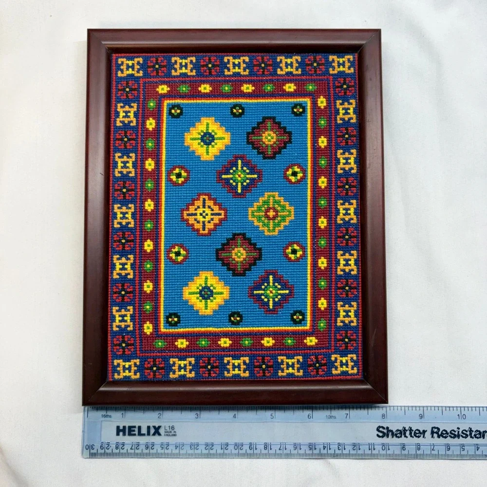 Handmade Needlepoint Wall Art Unisex Small Blue Vintage Geometric Framed Good